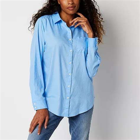 St John S Bay Womens Long Sleeve Regular Fit Button Down Shirt Color Zenith Blue Jcpenney