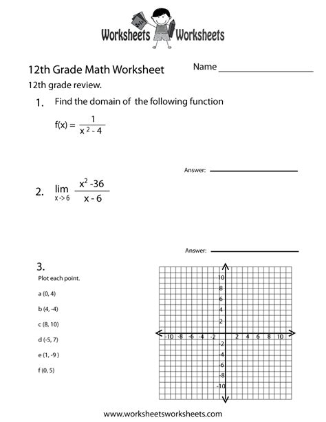 Twelfth Grade Math Practice Worksheet | Worksheets Worksheets