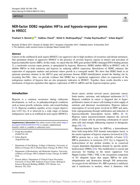 NER factor DDB2 regulates HIF1α and hypoxia response genes in HNSCC