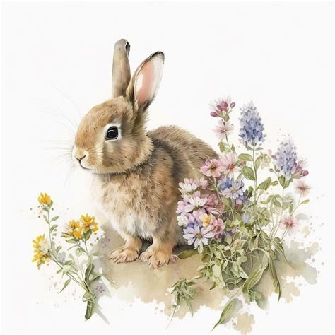 Una Pintura De Un Conejo En Un Campo De Flores Foto Premium