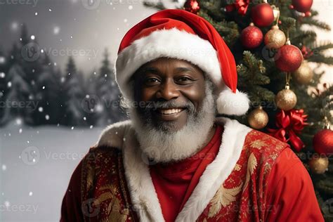 Ai Generated American Santa Claus Black Afro Santa In White Snow