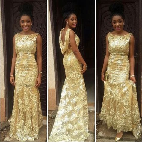 Aso Ebi Style Brillant Or Sirène Robe de Soirée 2017 Dentelle africain