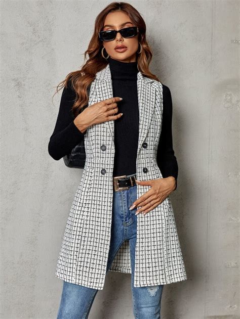 Shein Priv Plaid Double Breasted Lapel Collar Vest Coat Shein Usa