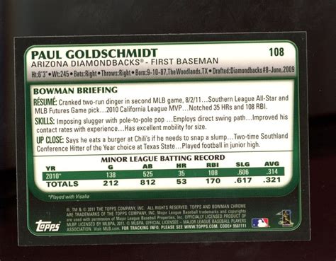 2011 Bowman Chrome Paul Goldschmidt Draft Rookie RC 108 Arizona