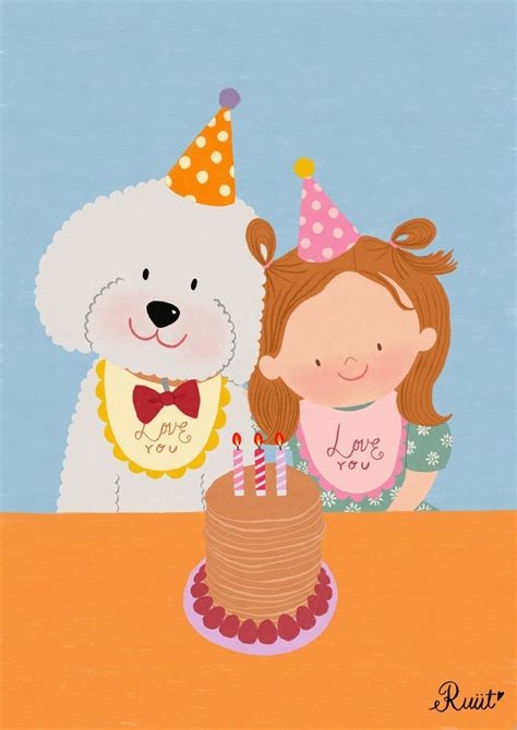 Happy Birthday Dog And Girl Colorpencil Illustration Birthday
