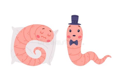 Funny Pink Worm Character With Long Tube Body Wearing Top Hat And