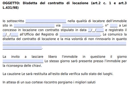 DISDETTA CONTRATTO DI LOCAZIONE DA PARTE DEL LOCATORE FAC SIMILE WORD