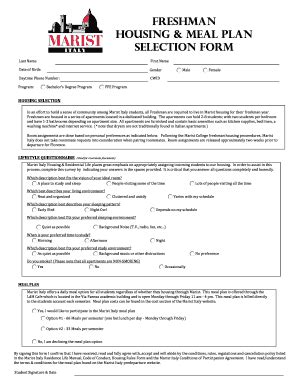 Fillable Online Freshman Housing Meal Plan Selection Form Fax Email