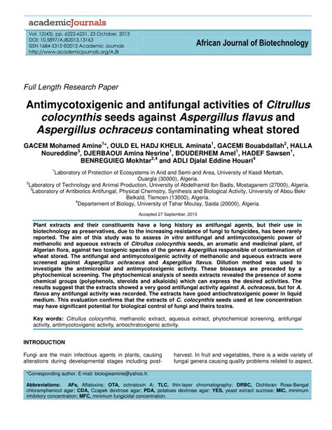 Pdf Antimycotoxigenic And Antifungal Activities Of Citrullus