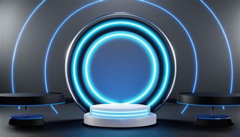 Premium Photo 3d Render Circle Three Podiums With Circle Blue Neon