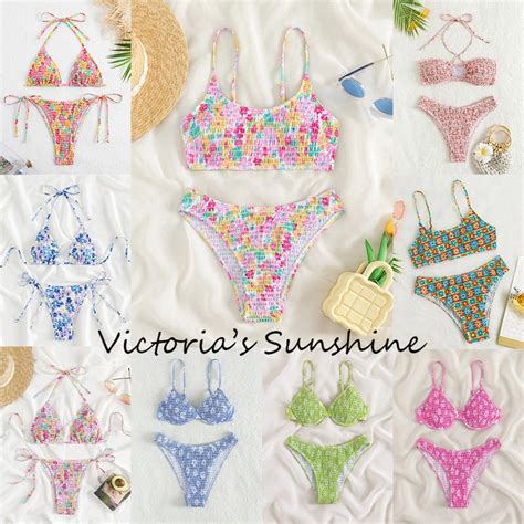 Two Piece Floral Print Bikini Swimwear Premium Grade Pleated Fabric Thai C Shopee Singapore
