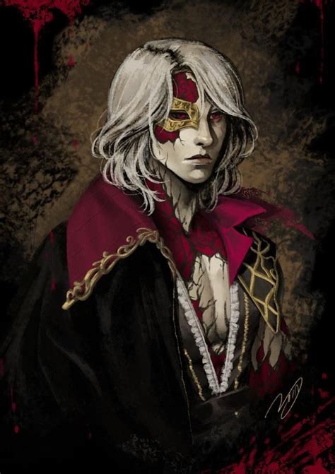 A Painting Of A Man With White Hair Wearing A Red And Gold Mask