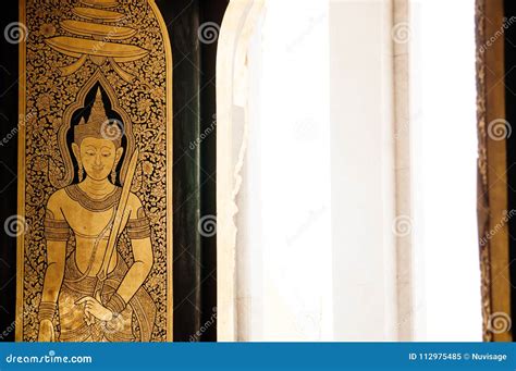 Golden Buddhist Mural Painting At Gate Of Wat Trimitr Bangkok T