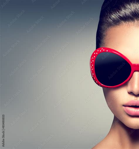 Beauty Fashion Model Brunette Girl Wearing Stylish Sunglasses Stock