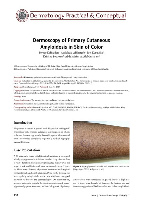 Pdf Dermoscopy Of Primary Cutaneous Amyloidosis In Skin Of Color