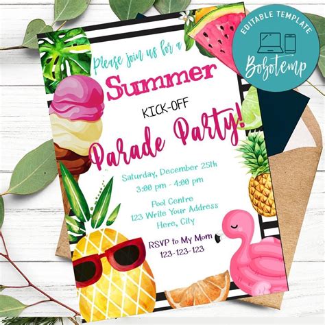 Tropical Summer Kickoff Parade Party Invitation Printable Diy Bobotemp