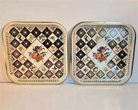 Vintage Decorated Tin Trays Designed by the Daher Company, 13.5 Square, Made in England, Floral ...