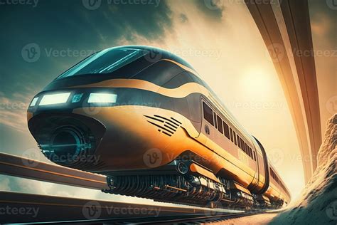 Futuristic Modern Train Monorail Fast Driving In Sci Fi Tunnel Coridor Concept Of Future