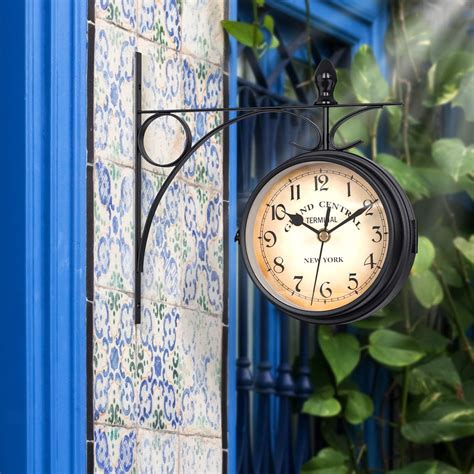 Large Vintage Style Station Wall Garden Double Sided Clock And Thermometer 33 X 35 Cms