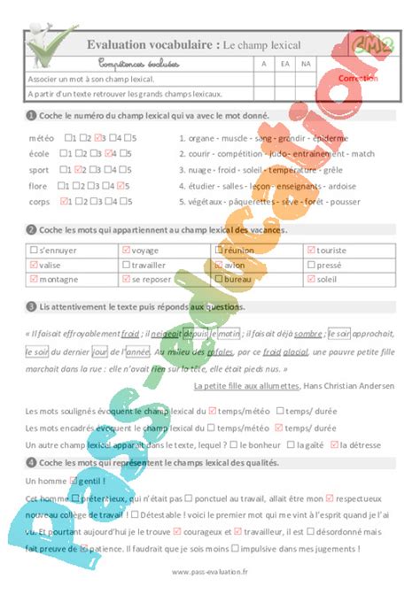 Le champ lexical au Cm2 Evaluation QCM Quiz PDF à imprimer