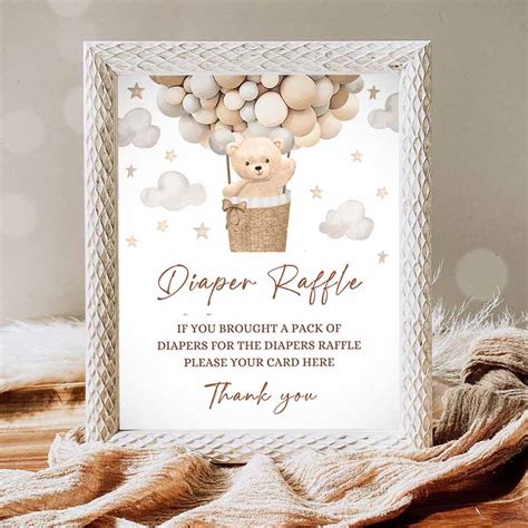 Teddy Bear Hot Air Balloon Shower Diaper Raffle Sign Gender Neutral Bear Baby Shower We Can