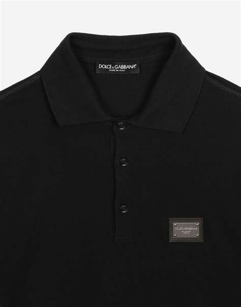 Cotton Piqué Polo Shirt With Branded Tag In Black For Men Dolce