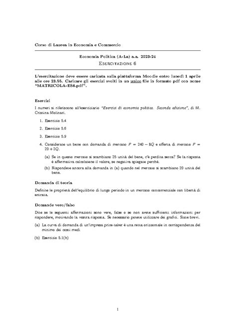 Traccia Esercitazione 6 Economia Politica 2023 24 Corso Di Laurea In