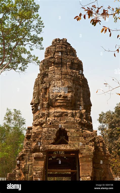 Stone Head On Towers Of Bayon Temple In Angkor Thom Cambodia Stock