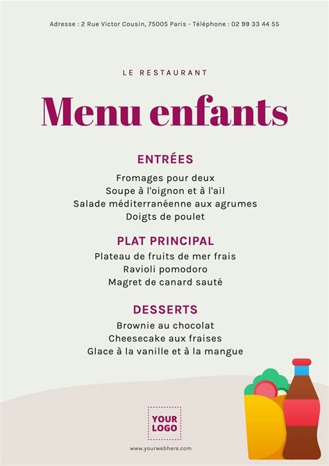 Modèles de menus pour enfants pour les cafés et les restaurants