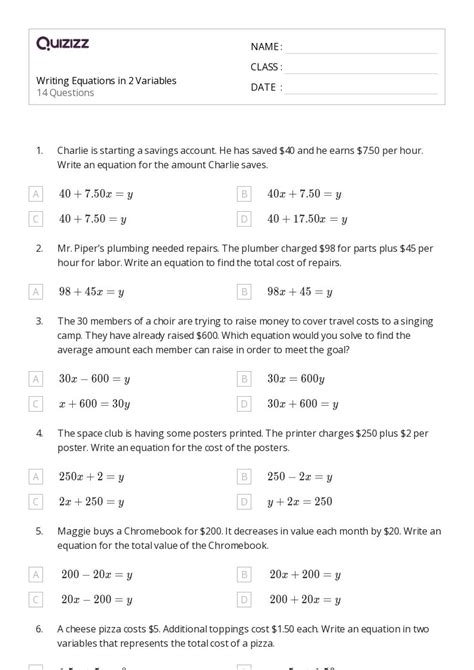 50 Writing Equations Worksheets For 6th Grade On Quizizz Free