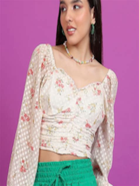 Buy Tokyo Talkies Off White Floral Printed Sweetheart Neck Ruched Regular Crop Top Tops For