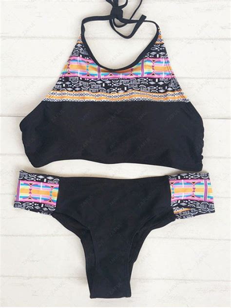 15 OFF 2021 Halter Tribal Bikini Set In BLACK ZAFUL
