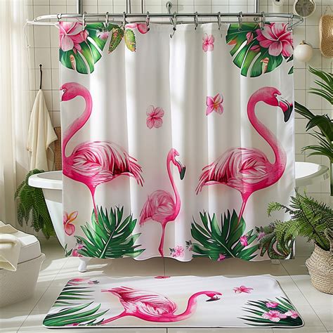 Flamingo Bathroom Set With Tropical Leaves Exotic Flowers Pink