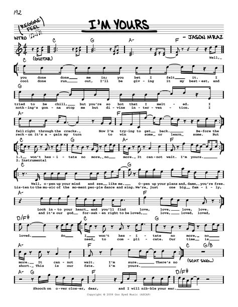 Im Yours By Jason Mraz Sheet Music For Real Book Melody Lyrics And Chords At Sheet Music Direct