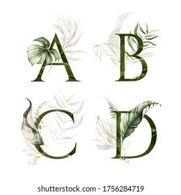 Tropical Green Gold Floral Alphabet Set Stock Illustration