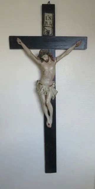 ANCIEN CRUCIFIX CHRIST En Bois Sculpté Polychrome Xix S EUR 45 00