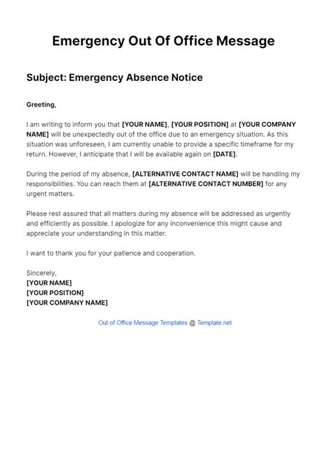 Free Emergency Out Of Office Message Template Edit Online And Download