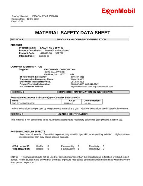 Pdf Material Safety Data Sheet Xd 3 15w Material Safety Data Sheet