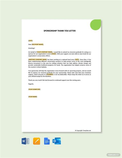 Sponsorship Thank You Letter in Google Docs, Word, Pages, PDF ...