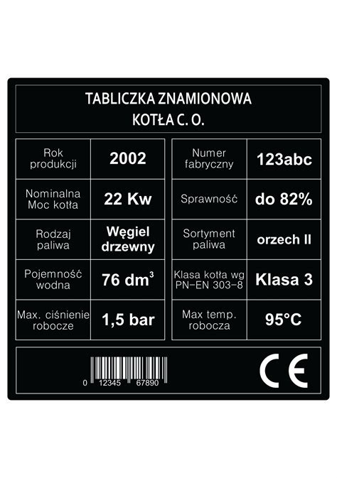 Tabliczka znamionowa na kocioł grzewczy 20 x 20 cm tabliczka na piec