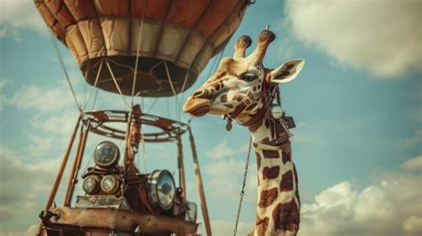 Premium Photo Giraffe Standing Beside Hot Air Balloon