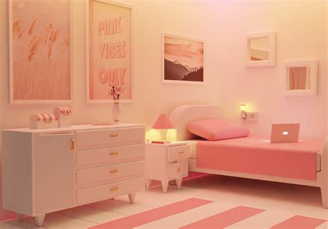 3d Isometric Low Poly Pink Bedroom On Behance