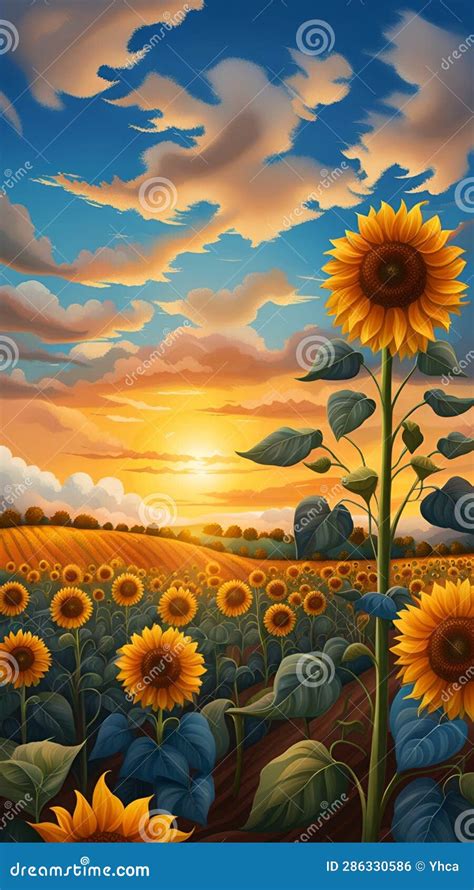 Sunflower Field With Blue Sky And Fluffy Clouds During Sunset Stock