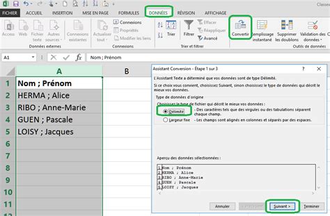 L’assistant Excel de conversion texte colonne