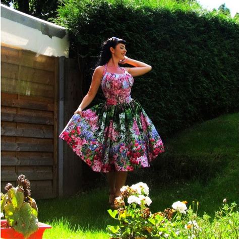 Pinup Dress Woodland Flowers Plus Size Available Gathered Bust Border Dress Rockabilly Dress