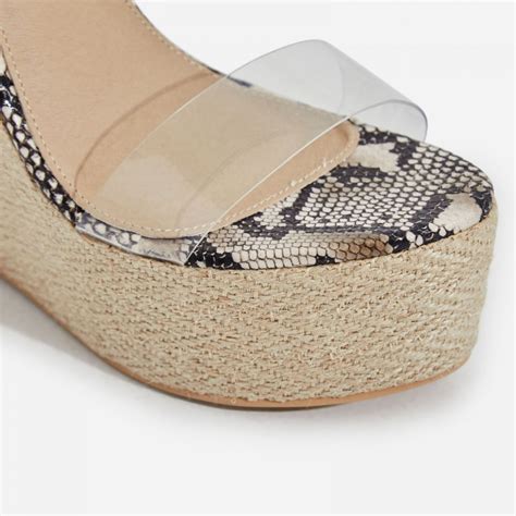Aliki Perspex Platform Lace Up Espadrille Wedge Block Heel In Nude Snake Print Faux Leather