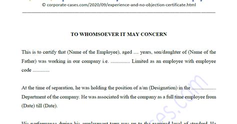 Experience and No Objection Certificate from Employer Format