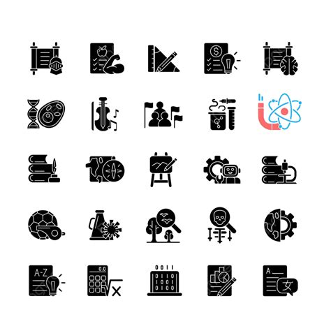 Set Of Black Glyph Icons For School Subjects On White Background Vector