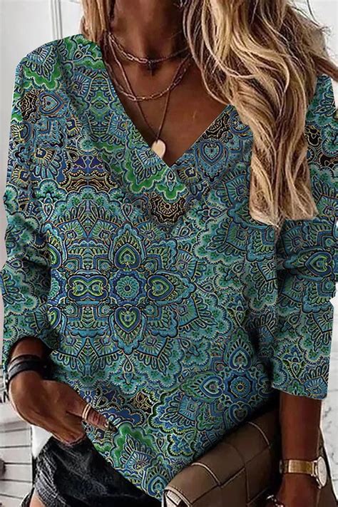 Ethnic Tribal Print V Neck Casual Long Sleeves Tops Curvedream