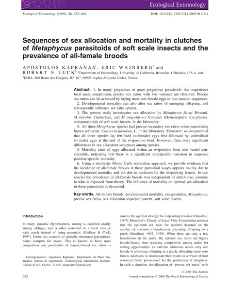 PDF Sequences Of Sex Allocation And Mortality In Clutches Of